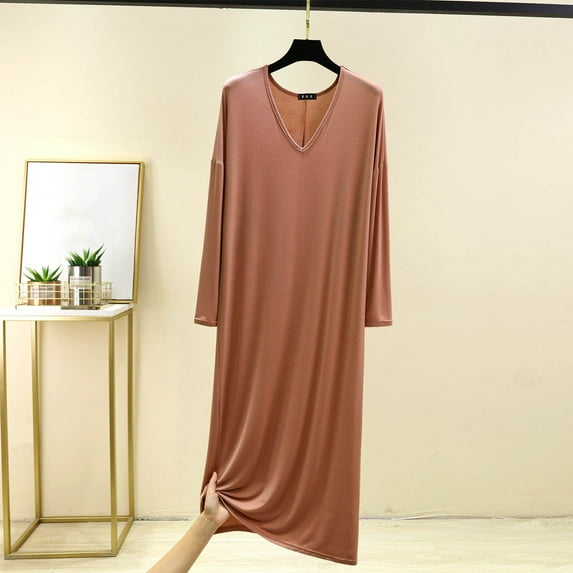 Wowcloth Woman's Solid Color V-Neck Long Sleeve Home Dress Nightgown, Soft Loungewear with Comfortable Fabric for Sleepwear and Daily Use