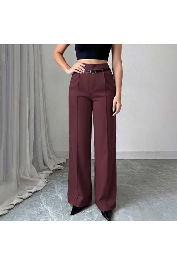 Woman's Tailored Trousers, Solid Color with Functional Pockets and Adjustable Belt, Professional Office Pants for Business, Commuting, and Daily Wear