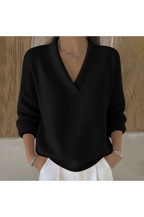 Woman's V-Neck Knit Sweater, Solid Color Long Sleeve Loose Fit for Casual Daily Wear