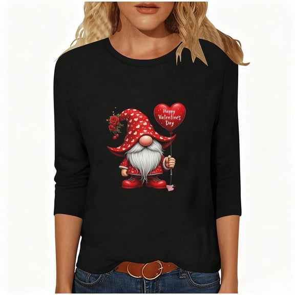 Wowcloth Woman's Valentine Print T-Shirt, Three-Quarter Sleeve Round Neck Cotton Top for Valentine's Day and Casual Wear