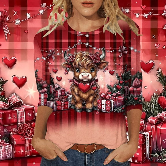 Wowcloth Woman's Valentine Print T-shirt, Relaxed Fit with Round Neck and Three-Quarter Sleeves for Casual and Daily Wear