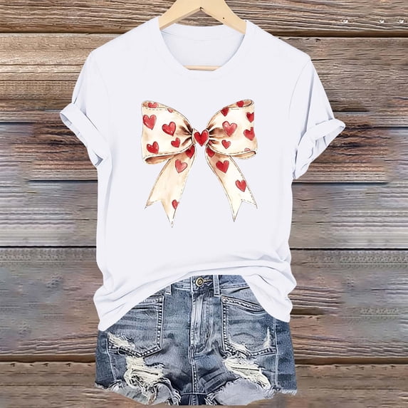 Wowcloth Woman's Valentine T-Shirt, with Bowknot Design, Fashion Casual Print, Cotton Round Neck Short Sleeve Top for Valentine's Day and Daily Wear