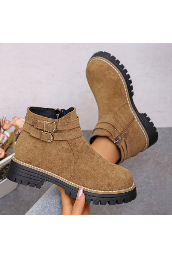 Woman's Versatile Eye-Catching Buckle Platform Boots, Comfortable Elevated Design for Autumn and Winter, Fashionable Ankle-Length Boots with Low Heel