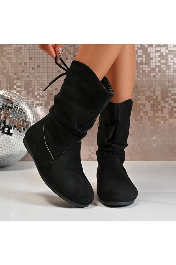 Woman's Winter Ankle Boots, Fashion Casual Crinkle Stacked Design with Solid Color Round Toe and Rear Lace-Up Closure, Flat Heel for Daily Wear and Seasonal Style