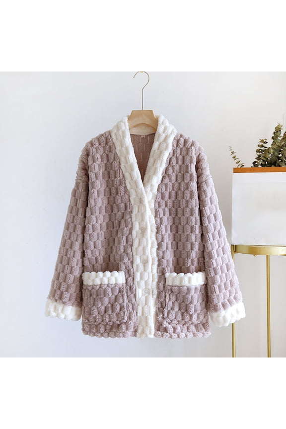 Woman's Winter Cardigan, Plush Fleece-Lined with Thickened Warmth, Long Sleeve Relaxed Fit Cozy Homewear for Lounge and Casual Comfort
