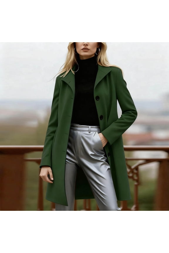 Woman's Wool Blend Coat, Notched Lapel Mid-Length Long Sleeve Slim Fit Single-Breasted, Solid Color Casual for Daily Office and Fall Winter Wear