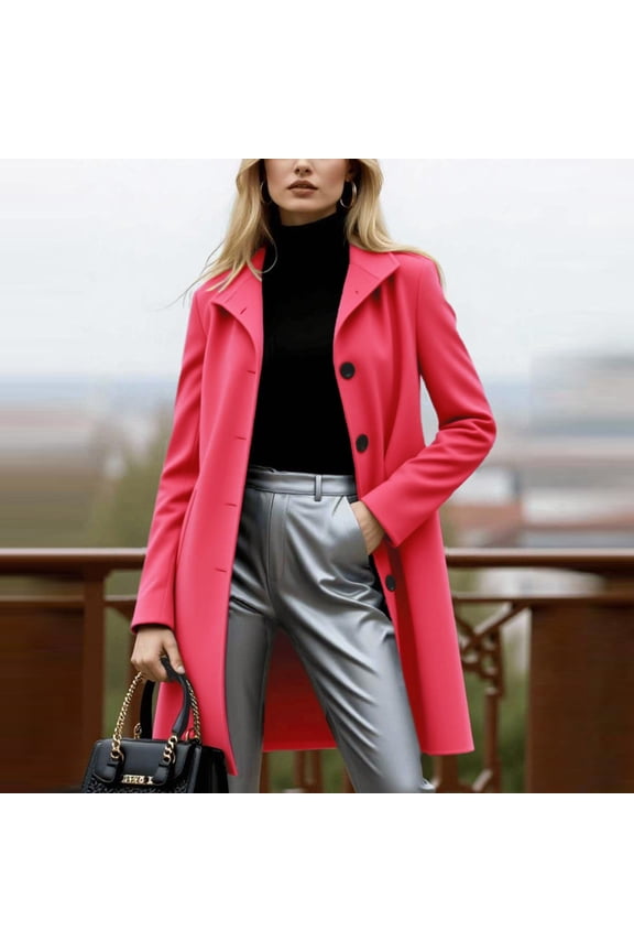 Woman's Wool Coat, Notched Collar Long Sleeve Single-Breasted, Warm Mid-Length Solid Color for Daily and Office Wear