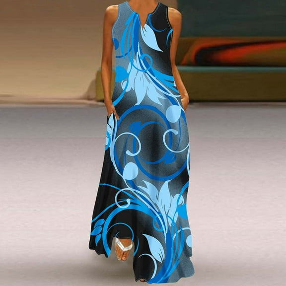 Wowcloth Women Casual Loose Printed Tank Dress Beach-neck Pocket Sundress Sleeveless Dresses