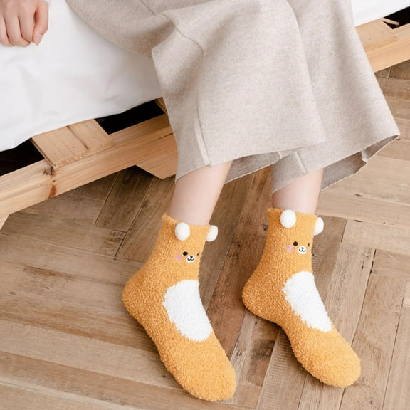 Wowcloth Women Coral Fleece Non-Slip Slipper Socks, Plush Thick Warm Cute Print, Home Winter Cozy Footwear