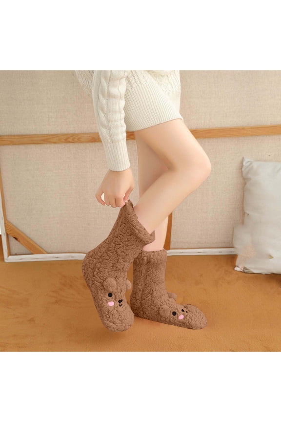 Women Fashion Cardigan Fleece Floor Socks, Plush Thick Warm Anti-Slip Silicone Grip, Winter Cozy Indoor Slipper Socks for Home