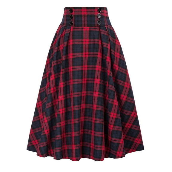 Wowcloth Women Fashion Plaid Printing with Buttons Vintage High Waist Pleated Skirt,A-line Printed Midi Skirts