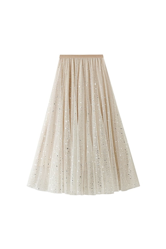 Women Glitter Stars Sparkle Tulle Skirt Elastic High Waist A-line Midi Skirt for Wedding Evening Party Prom