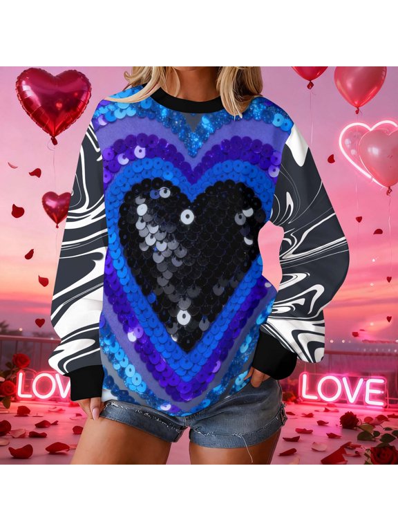 Women Long Sleeve Lover's Sweatshirts Round Neck Pullover Loose Lightweight Blouse Tops