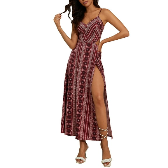 Wowcloth Women Spring and Summer Floral Print Backless Slit Camisole Dress and Sexy A-line Dress,Vacation Style