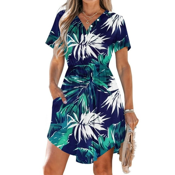 Wowcloth Women Summer Casual Midi Dresses Short Sleeve V Neck Drawstring Knee Length T Shirt Dress with Pocket