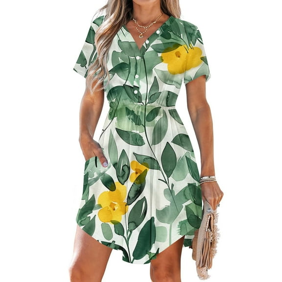 Wowcloth Women Summer Casual Midi Dresses Short Sleeve V Neck Drawstring Knee Length T Shirt Dress with Pocket