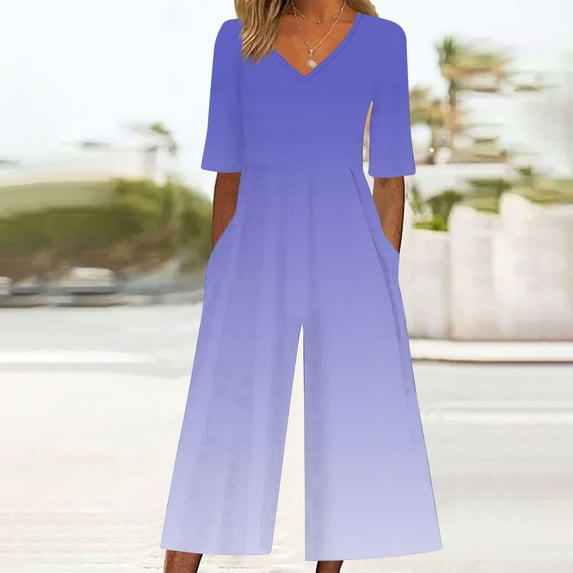 Wowcloth Women Summer Floral Print Casual Short Sleeved V-neck Back Zipper Side Pocket Jumpsuit Pants