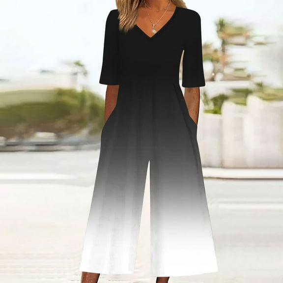 Wowcloth Women Summer Floral Print Casual Short Sleeved V-neck Back Zipper Side Pocket Jumpsuit Pants