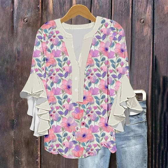 Wowcloth Women's 3/4 Lace Sleeve V - neck Button Casual Print Loose Top