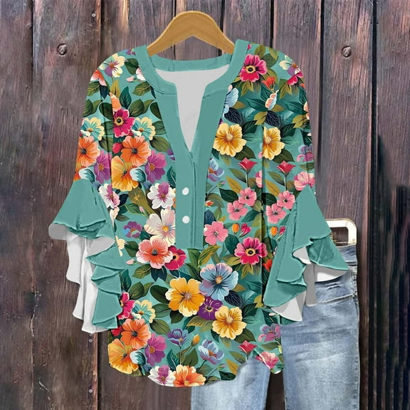 Wowcloth Women's 3/4 Lace Sleeve V - neck Button Casual Print Loose Top