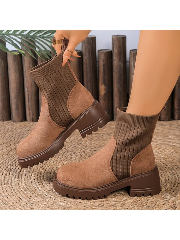 Women's Ankle Boots – Comfortable Knit Panel Design with Solid Color, Round Toe, Chunky Mid Heel for Casual Winter Fashion