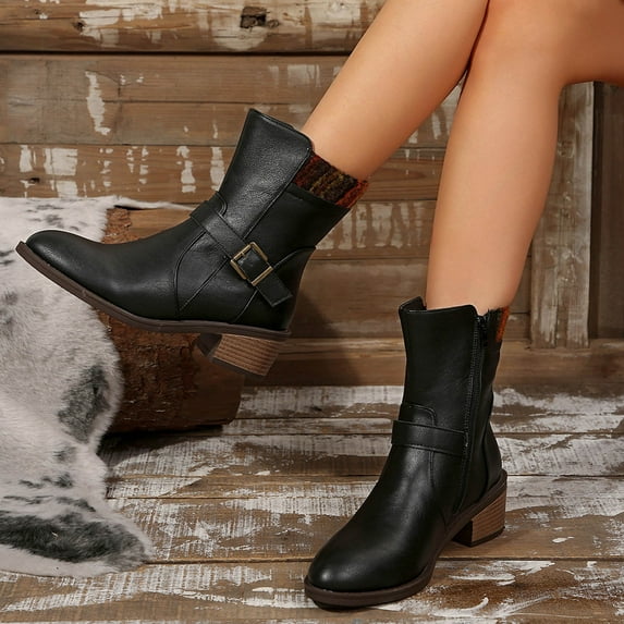 Wowcloth Women's Ankle Boots – Comfortable Plus Size Winter Footwear with Solid Color, Round Toe, Side Zipper and Chunky Low Heel for Casual Fashion