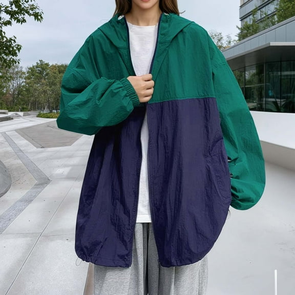 Wowcloth Women's Autumn Outdoor Retro Colorblock Hooded Jacket - Sun-Protective Zippered Drawstring Coat for Vintage Style & Casual Wear