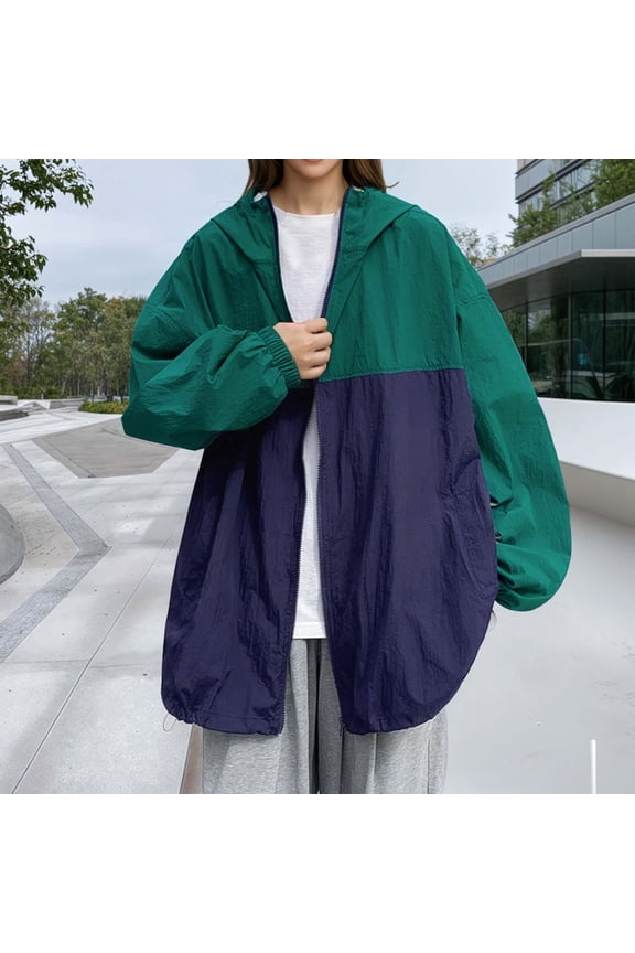 Women's Autumn Outdoor Retro Colorblock Hooded Jacket - Sun-Protective Zippered Drawstring Coat for Vintage Style & Casual Wear