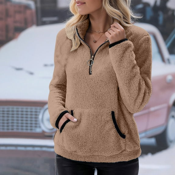 Wowcloth Women's Autumn Winter Long Sleeve Sherpa Zip Fleece Jacket - Plush Lined Casual Outerwear for Everyday Wear, Cozy & Warm Zip-Up Coat with Soft Textured Fabric
