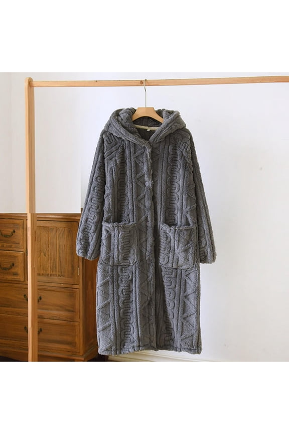 Women's Autumn Winter Soft Solid Color Hooded Long Sleeve Button-Up Pocket Bathrobe - Cozy Homewear Loungewear Sleepwear for Indoor Comfort