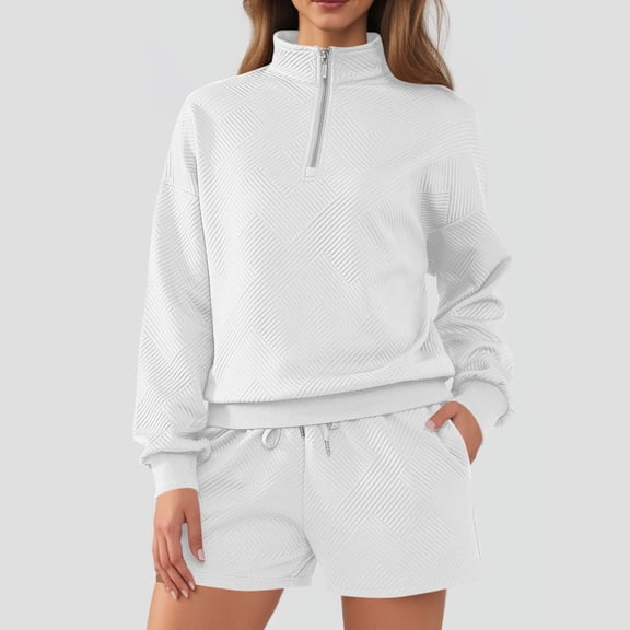 Wowcloth Women's Autumn and Winter Fashion Jacquard Half Zip Long Sleeve Top and Short Set