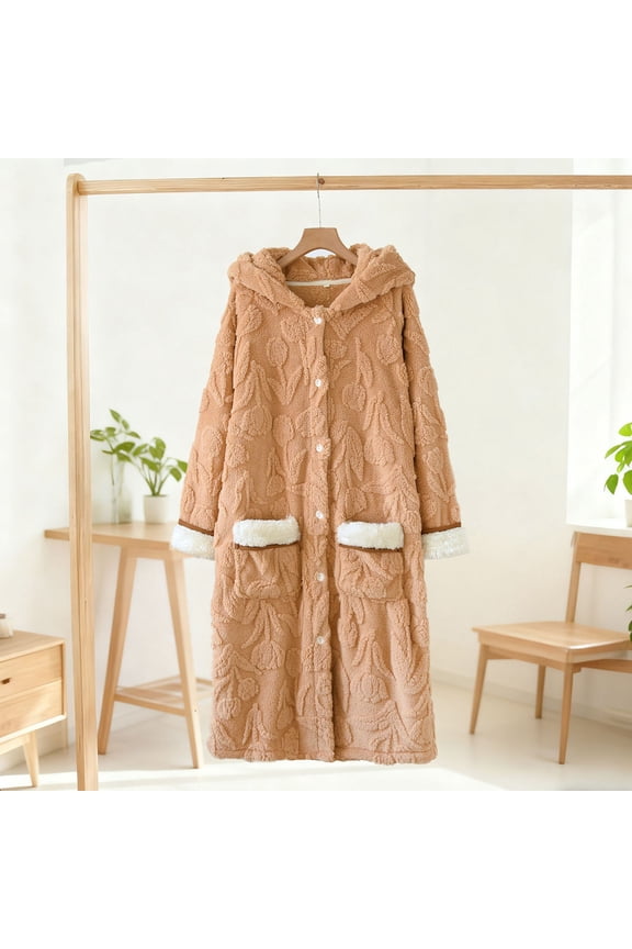 Women's Bathrobe, Solid Color Long Sleeve Button Front with Pockets, Plush Cozy for Home and Sleep