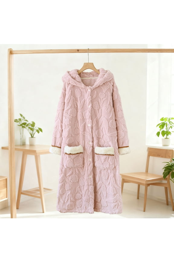 Women's Bathrobe, Solid Color Long Sleeve Button Front with Pockets, Plush Cozy for Home and Sleep