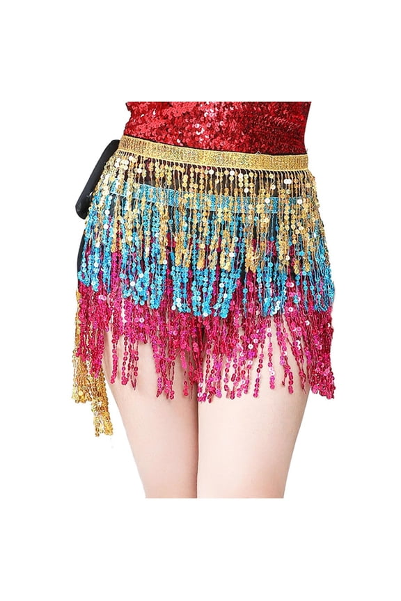 Women's Belly Dance Sequins Tassel Dance Skirt Bohemian Tassel Hip Scarf Lace Up Skirt