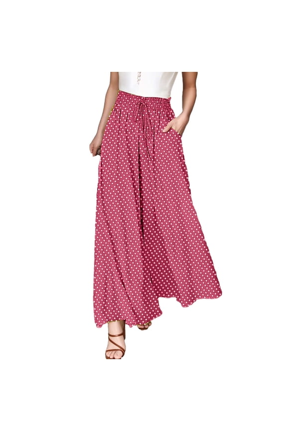 Women's Bohemian Pants, Polka Dot Wide Leg with Elastic Waist and Drawstring Pockets for Casual Wear and Travel