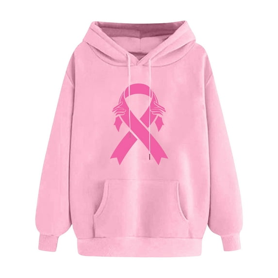 Wowcloth Women's Breast Cancer Awareness Hooded Sweatshirt - Pink Ribbon Print, Drop Shoulder Design with Pockets, Casual Long Sleeve Pullover for Everyday Wear & Support Campaigns