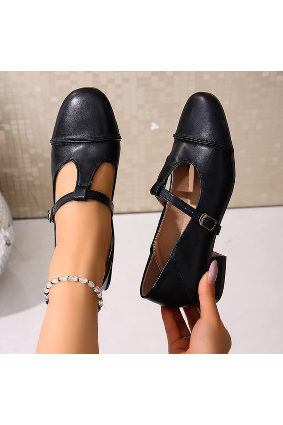 Women's British Style Leather Shoes with Heel – Comfortable Round Toe Buckle Closure for Casual Versatile Wear in Plus Sizes