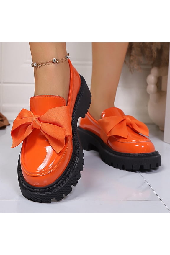 Women's British Style Loafers - Plus Size Comfortable Low Heel with Bow Decorated Patent Leather, Versatile Fashion Slip-Ons for Autumn Winter Wear