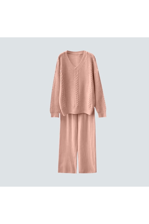 Women's Cable Knit Sweater Set - V-Neck Pullover & Lounge Pants, Solid Color Two Piece Outfit with Ribbed Trim