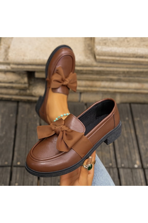 Women's Casual British Style Loafers – Wide Width Slip-Resistant Flat Sole with Stylish Bow Detail & Round Toe for Fall/Winter Comfort Footwear