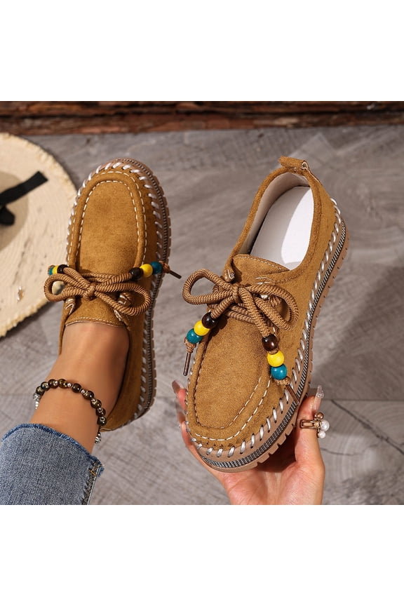 Women's Casual Chunky Sole Flats – Comfortable Beaded Lace-Up Design with Sweet & Edgy Ethnic Style for Summer-Autumn Versatile Footwear