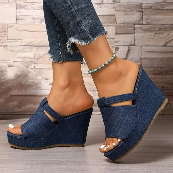 Wowcloth Women's Casual Denim Slides – Comfortable Round-Toe Open-Toe with Chunky Wedge Heel, Fashionable Spring Outdoor Footwear