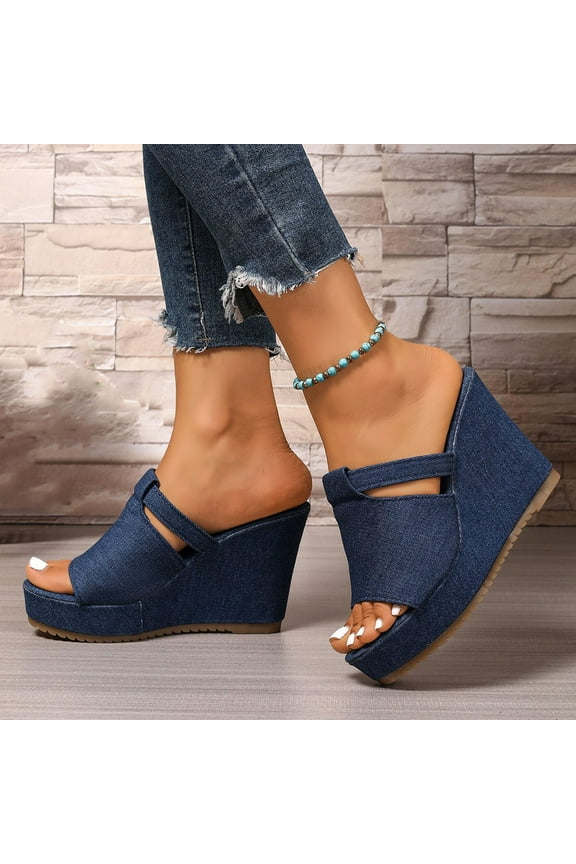 Women's Casual Denim Slides – Comfortable Round-Toe Open-Toe with Chunky Wedge Heel, Fashionable Spring Outdoor Footwear