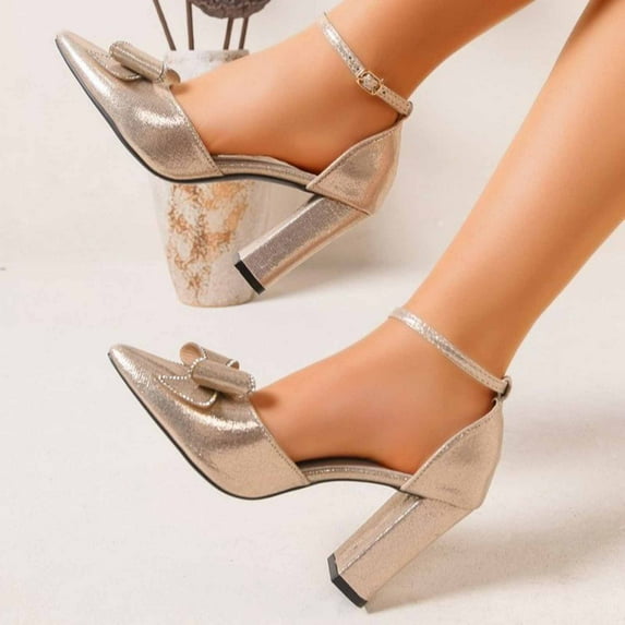Wowcloth Women's Casual Fashion Sandals – Comfortable Plus Size Solid Color with Bow and Rhinestone Decoration, Pointed Closed Toe, High Heel for Daily Wear
