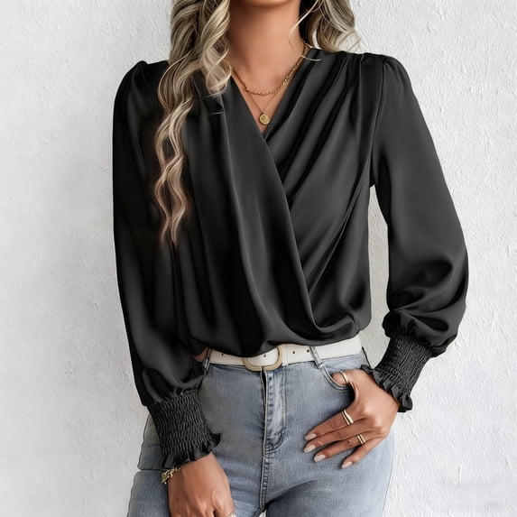 Wowcloth Women's Casual Fashion Solid Color V-Neck Chiffon Blouse with Lantern Sleeves for Daily Wear and Office