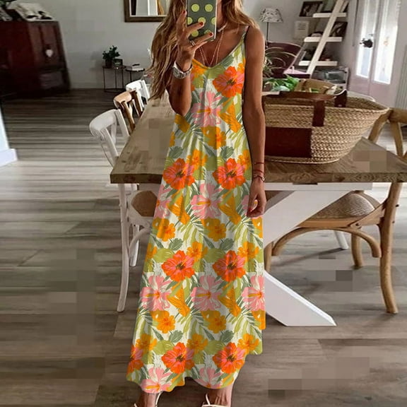 Wowcloth Women's Casual Floral Printed Sleeveless Dress for Women V Neck Flowy Party Midi Dresses