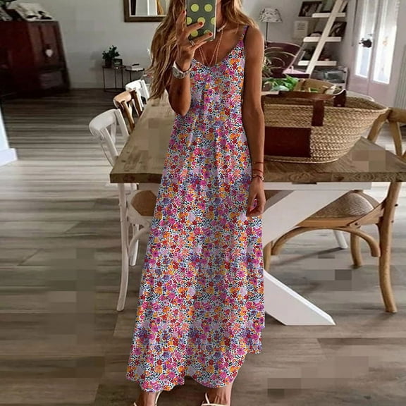 Wowcloth Women's Casual Floral Printed Sleeveless Dress for Women V Neck Flowy Party Midi Dresses