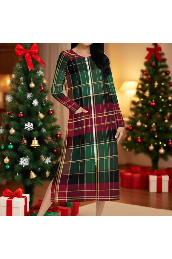 Women's Casual Loungewear Robe - Raglan Long Sleeve, Loose Fit Christmas Plaid Print Sleepwear for Cozy Home & Holiday Season