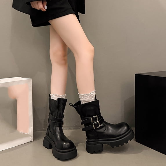 Wowcloth Women's Casual Platform Buckle Ankle Boots – Comfortable Thickened Chunky Heel for Fall/Winter with Everyday Stylish Design