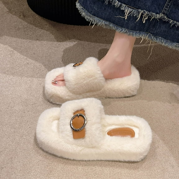 Wowcloth Women's Casual Platform Slippers – Plush Fur-Lined Insulation & Comfortable Thick Sole Cozy Home Slide-In Slippers for Autumn/Winter